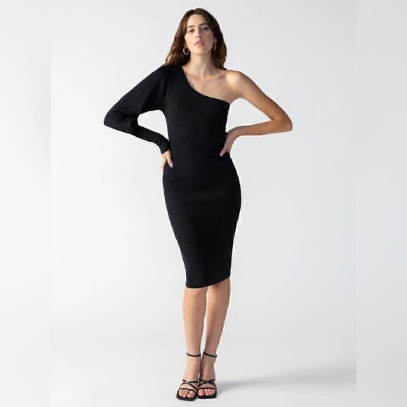 Sanctuary Women's One-Shoulder Puff-Sleeve Ribbed MIDI Black Sweater Dress M - Picture 1 of 11